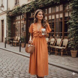 NWT ASTR Citrine Linen Bow Front Midi Dress Turmeric Orange One Size